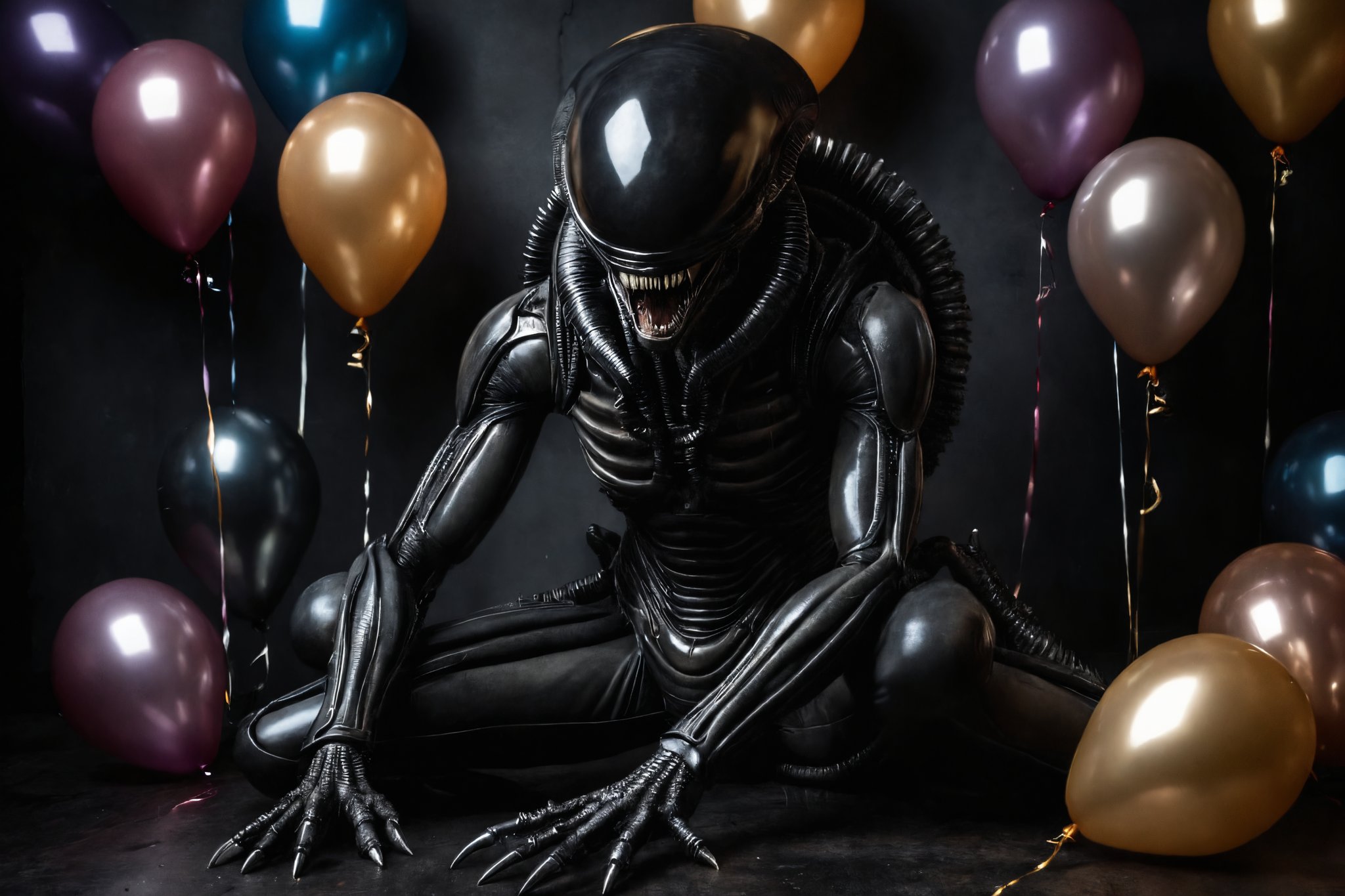 In a masterclass blend of dark fantasy and architectural grandeur, an Alien Xenomorph crouches in a darkened room. The moody, H.R. Giger-inspired atmosphere is oddly offset by the presence of party balloons floating above the ground. The xenomorph is holding a sign that says "Thank you for 50k Likes!!". The xenomorph is wearing a party hat on the top of its head.