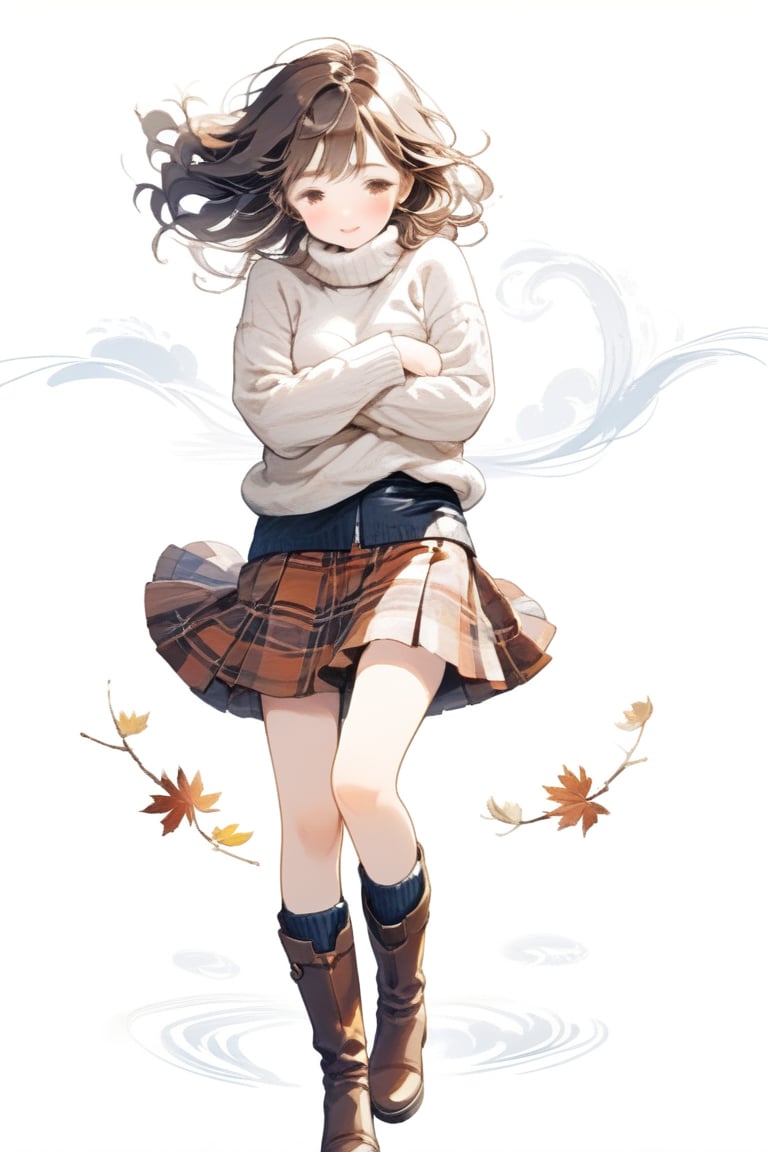 Simple background, Japanese pattern background, A cute  girl in a wool sweater and tartan skirt, leather boots, hugging herself against a chilly breeze in Autumn