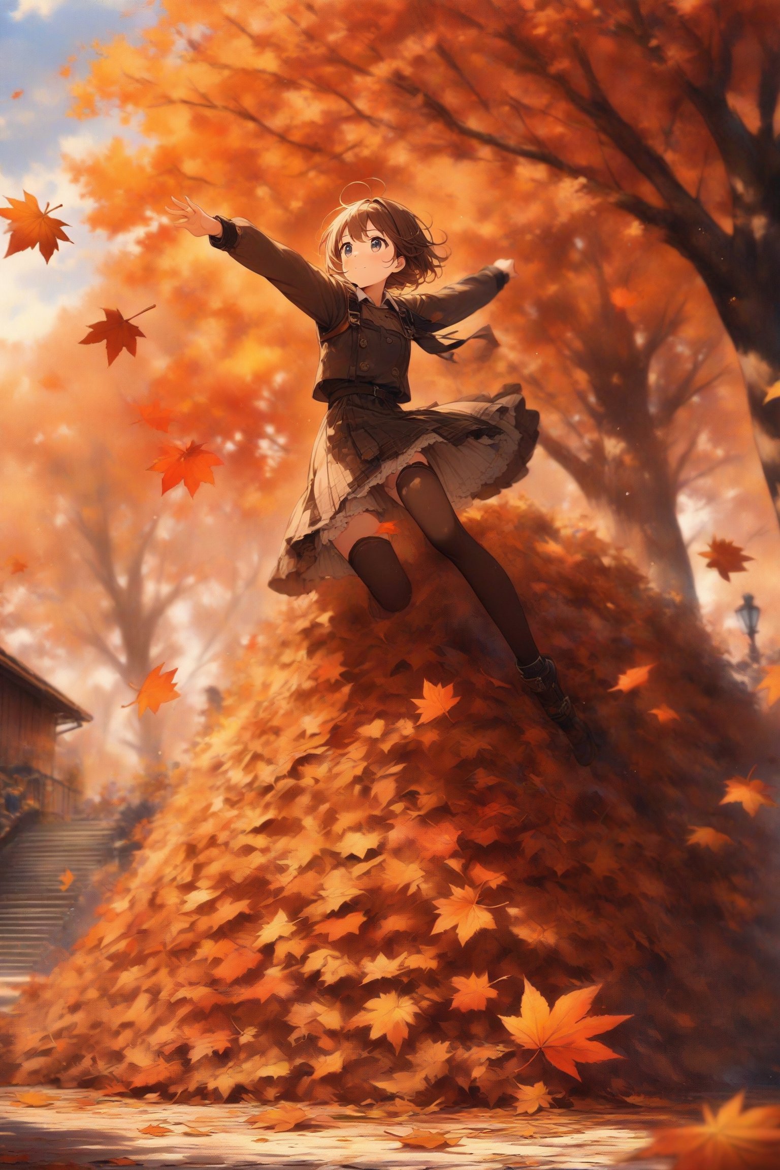 score_9_up, score_8_up, masterpiece, best quality, 1girl, cute, anime, dynamic pose, diving(doing a cannonball) into a very tall, large pile of leaves on the ground,  in the middle of autumn, backdrop of a sunny autumn day Oil painting style.