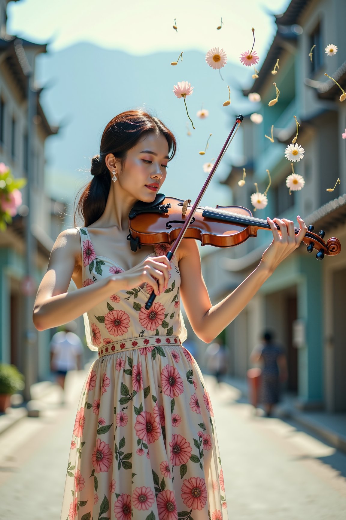 cinematic, 8k uhd, dslr,The image is rendered with raw, unpolished filter, emphasizing depth of field and bokeh effects achieved through the Canon EF 100-400mm f/4.5 lens. A Korean woman stands on a streetcorner wearing a flowery sun dress. The dress clings to her slender frame as she plays an electric violin. As she plays the violin, the flowers begin to fly off of her dress and turn into musical notes that float overhead. Her face is serene and her eyes are closed as she loses herself to the music.,VNS_Add more details