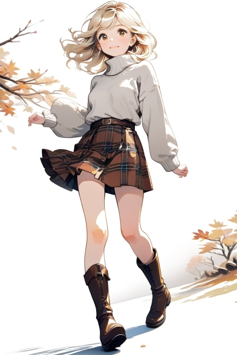 Simple background, Japanese pattern background, A cute blonde girl in a wool sweater and tartan skirt, leather boots, walking while warming herself against a chilly breeze in Autumn