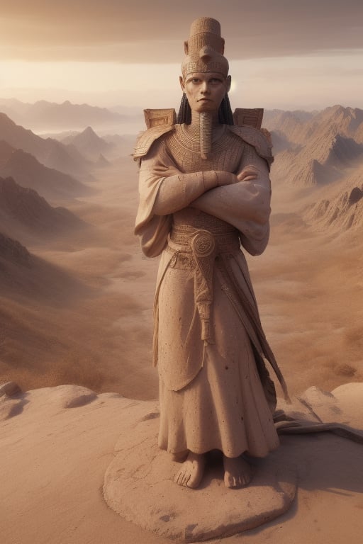 A majestic masterpiece: 'Score 9' 'Score 8'. Amidst a vast desert expanse, a highly detailed, crumbling headless stone statue of an ancient pharaoh lies in ruin. The broken head, cocked at an angle, gazes directly at the viewer, its intricate anatomy still precise and accurate. In the background, ancient Egyptian ruins are shrouded in sand dunes, a testament to forgotten civilizations.