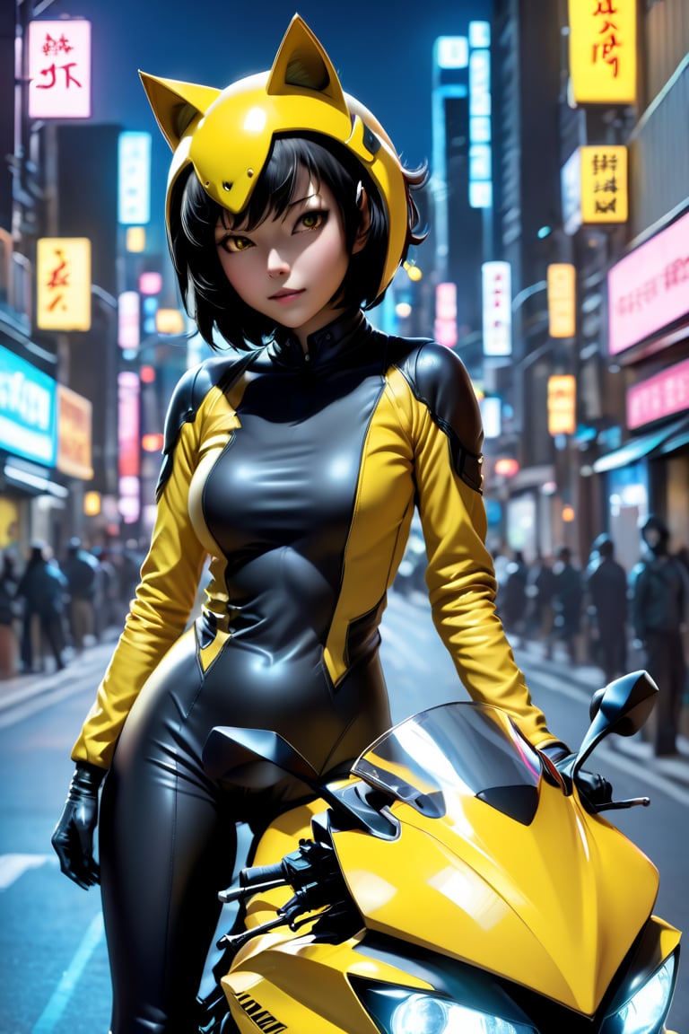 Photo Realistic, 8k. A head-on hyper-detailed digital painting of Celty (Durarara!) wearing her ((solid yellow cat motorcycle helmet, black opaque helmet visor reflecting the city lights)) and ((black,unzipped catsuit)) riding her yellow Kawasaki Ninja motorcycle down a neon-lit Tokyo street at night, heading straight for the viewer. Muted colors dominate the scene, drawing focus to heralien presence, shrouded in mystery.