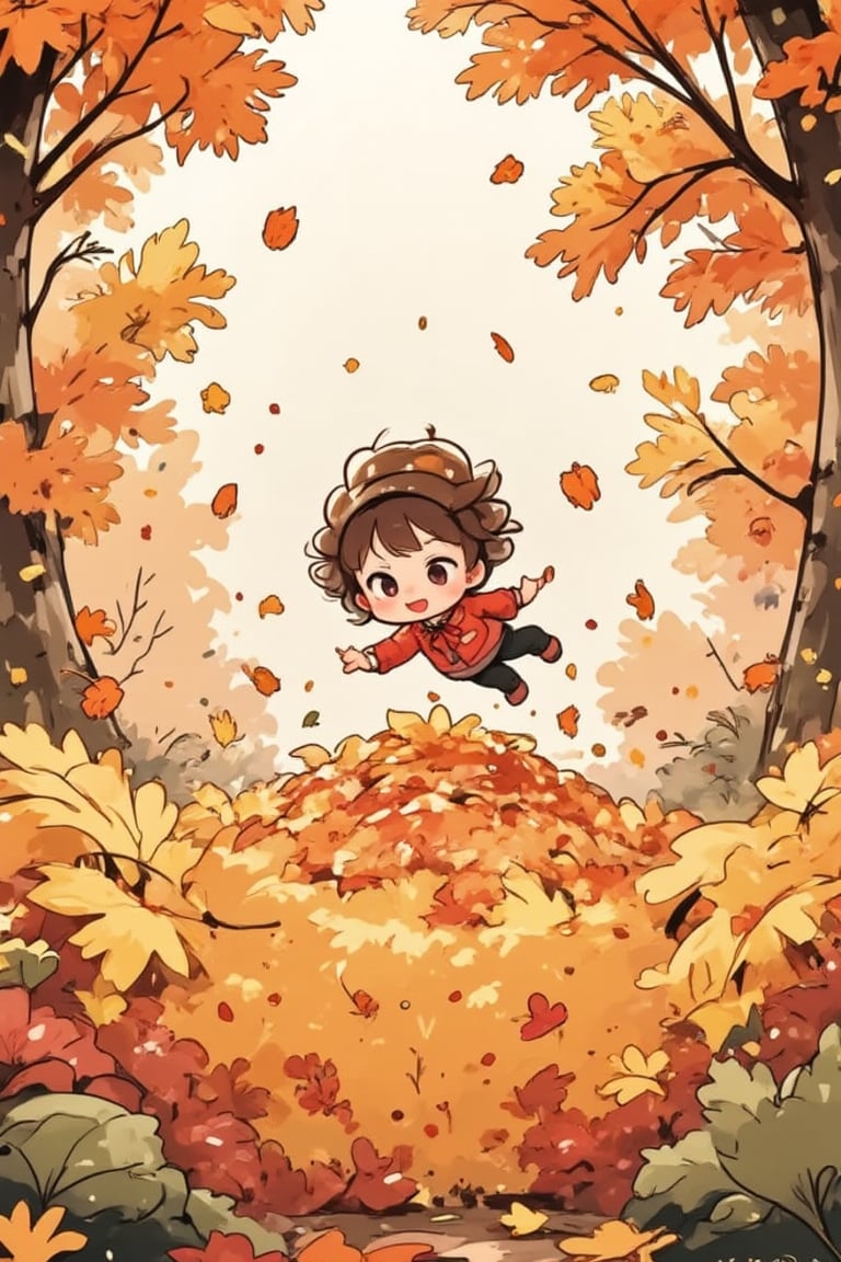 1girl, cute, anime, chibi, dynamic pose, diving(doing a cannonball) into a very tall, large pile of leaves in the middle of autumn, backdrop of a sunny autumn day