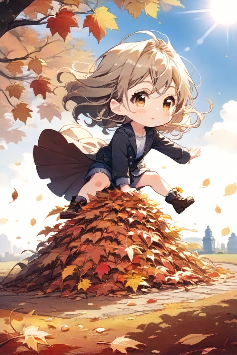 score_9, score_up, 1girl(cute, anime, chibi, fall clothes, dynamic pose) doing a cannonball into a very tall, large pile of leaves on the ground, in the middle of autumn, backdrop of a sunny autumn day