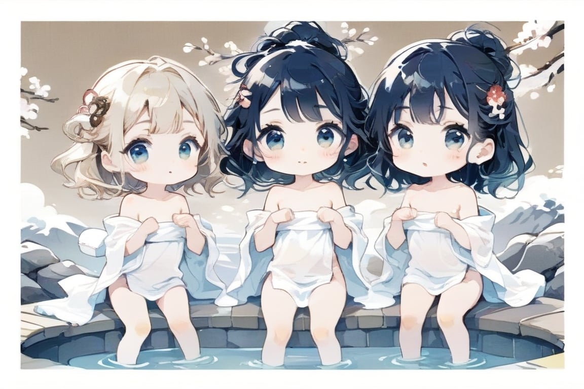 Simple background, Japanese pattern background, Cute image of three chibi girls wearing towels in an Onsen, Japanese aesthetic