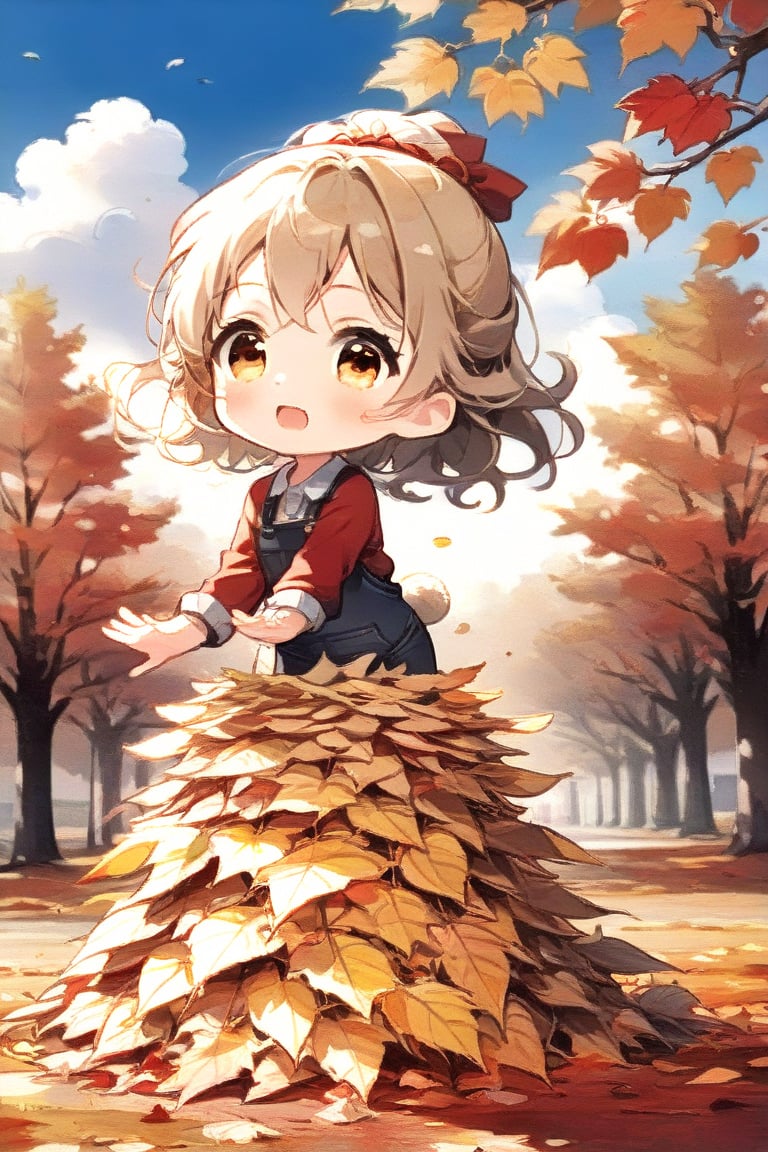 score_9, score_up, 1girl(cute, anime, chibi, fall clothes, dynamic pose) doing a cannonball into a very tall, large pile of leaves on the ground, in the middle of autumn, backdrop of a sunny autumn day