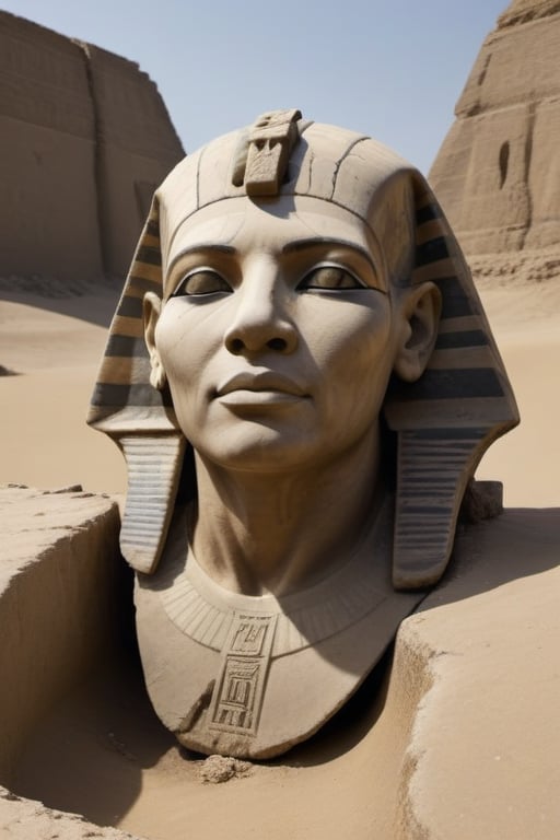 A majestic masterpiece: Amidst a vast desert expanse, a highly detailed, crumbling (((headless))) stone statue of an ancient pharaoh lies in ruin. (((The broken head lies on the ground cocked at an angle))), gazes directly at the viewer, its intricate anatomy still precise and accurate. In the background,a barren desert stretches to the horizon, a testament to forgotten civilizations.,ancient egyptian style