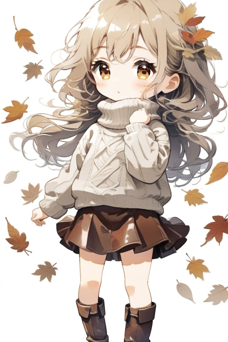 Simple background, Japanese pattern background, A chibi girl in a wool sweater and corduroy skirt, leather boots, warming herself against a chilly breeze in Autumn