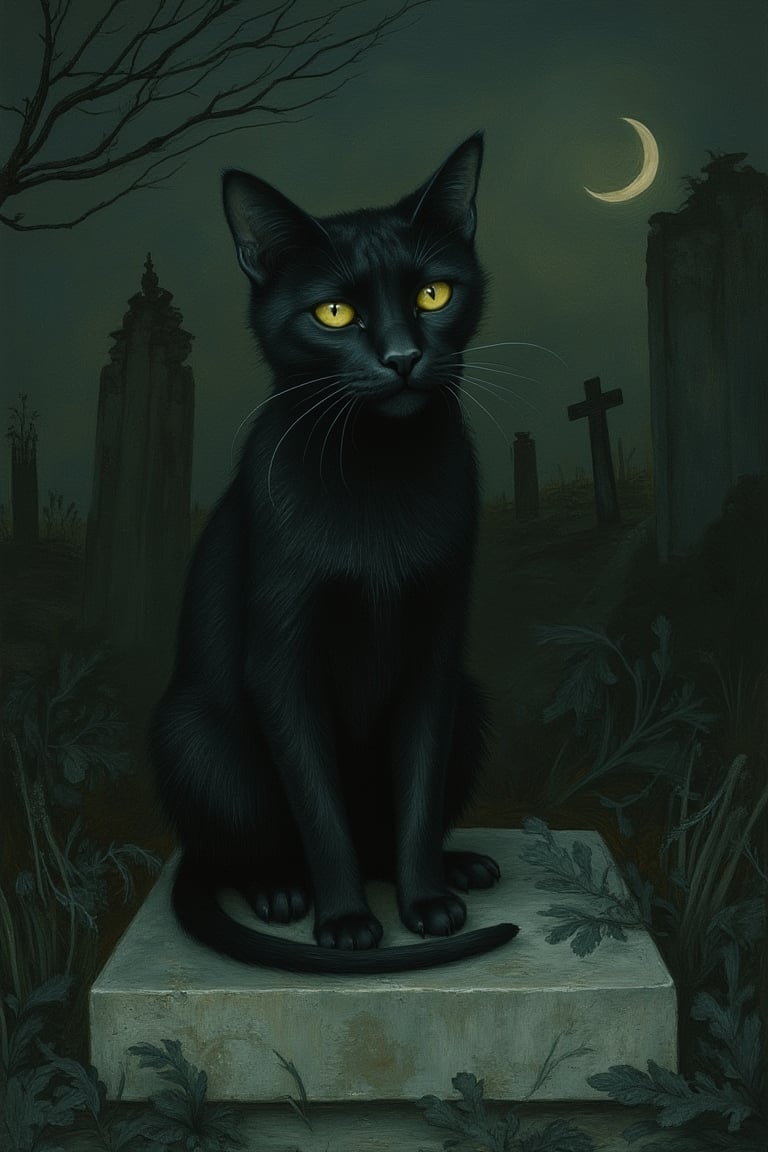  Score_9, score_8_up, Masterpiece, inspired by Nicoletta Ceccoli and Daria Petrilli, of a black cat sitting on a gravestone, cleaning its paws. It has bright yellow eyes. The background is an eerie cemetary in the dead of night, overgrown with vegetation. A crescent moon rises in the background.