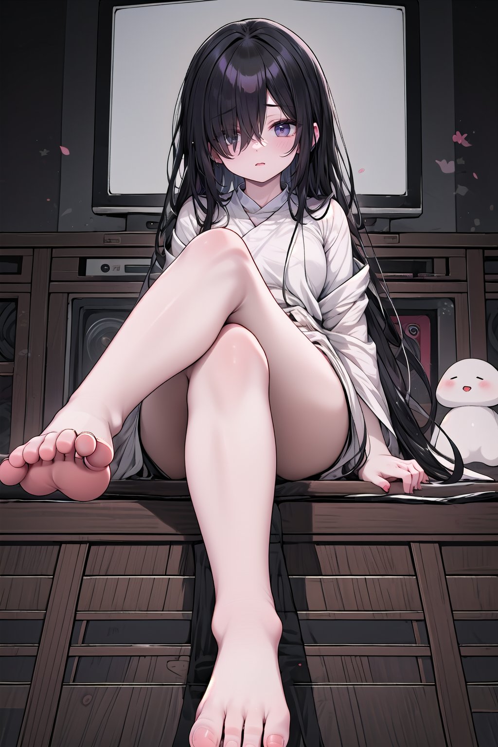 A super-cute chibi anime version of Sadako (yamamura sadakofrom The RIng, long back hair over eyes obscuring one eye, long black hair, pale skin,show feet,Sole of foot,sitting,cross leg) sitting on top of a single televsion with her legs crossed, closed-mouth smile, looking at the viewer and blushing,