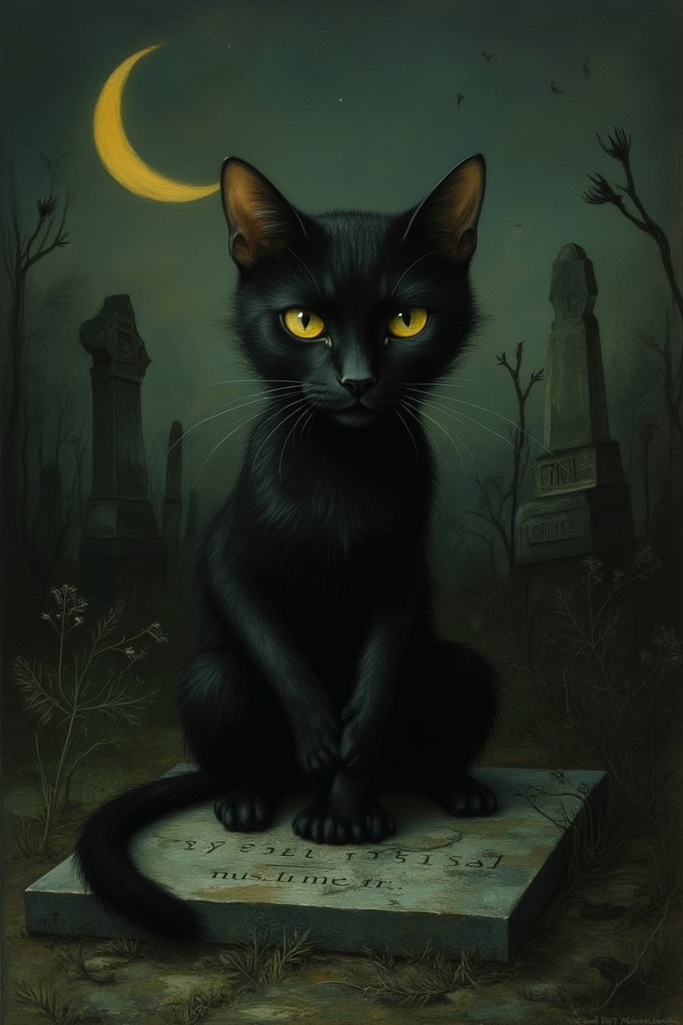  Score_9, score_8_up, Masterpiece, inspired by Nicoletta Ceccoli and Daria Petrilli, of a black cat sitting on a gravestone, ((grooming itself, cleaning its paws)). It has bright yellow eyes. The background is an eerie cemetary in the dead of night, overgrown with vegetation. A crescent moon rises in the background.