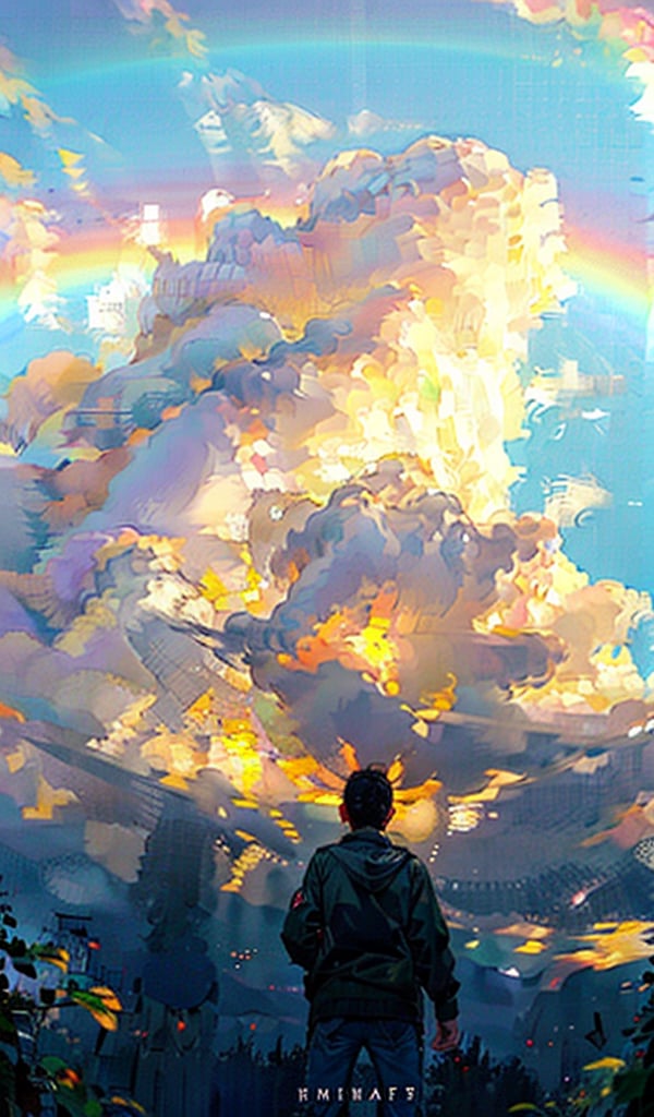 Score_9, score_8_up, view from behind (from behind:1.5) of a girl looking up at a single rainbow in the sky above her. In the background are cloudy skies and the ground around her is wet from a recent rain.,rainbowsky_background