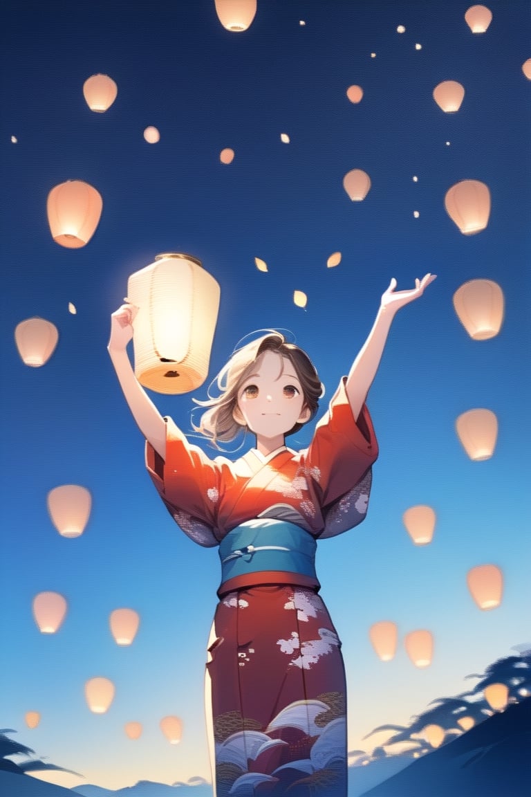 Simple background, Japanese pattern background, A girl in a kimono,  holding up a single sky lantern over her head holding it to the sky, background is nighttime with many sky lanterns lifting up into the sky