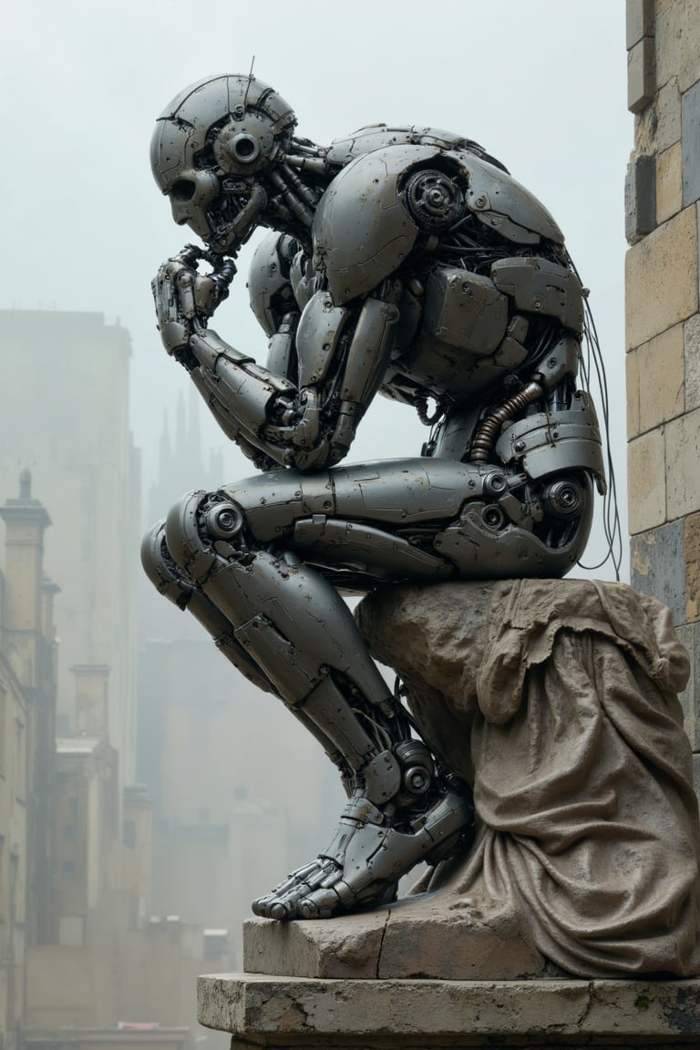 best quality, masterpiece, Insanely detailed image of a giant humanoid robot sitting on the edge of a stone pedestal posed like "The Thinker" by Rodin, detailed robotic arms and legs, detailed joints, gun at the ready, detailed joints, dynamic pose and lighting, actively fighting in an intense battle,ARob,cyborg,metal