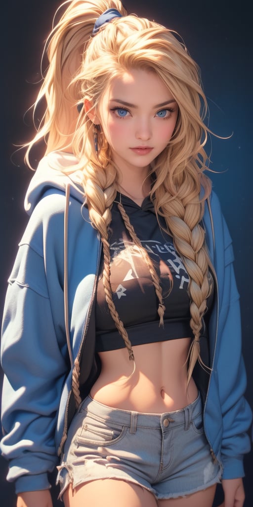 4k,best quality,masterpiece,20yo 1girl(blonde,medium breasts, hair in braided ponytail,athletic build, american girl, midwestern girl, girl-next-door good looks, blue eyes,((blonde short hair with long locks:1.2)))(cropped blue sweatshirt),(demin shorts), alluring smile, open blue hoodie,

(Beautiful and detailed eyes),
Detailed face, detailed eyes, double eyelids ,real hands, semi visible stomach,  blonde hair, medium breatsts, blue eyes, black background,


real person, color splash style photo,
