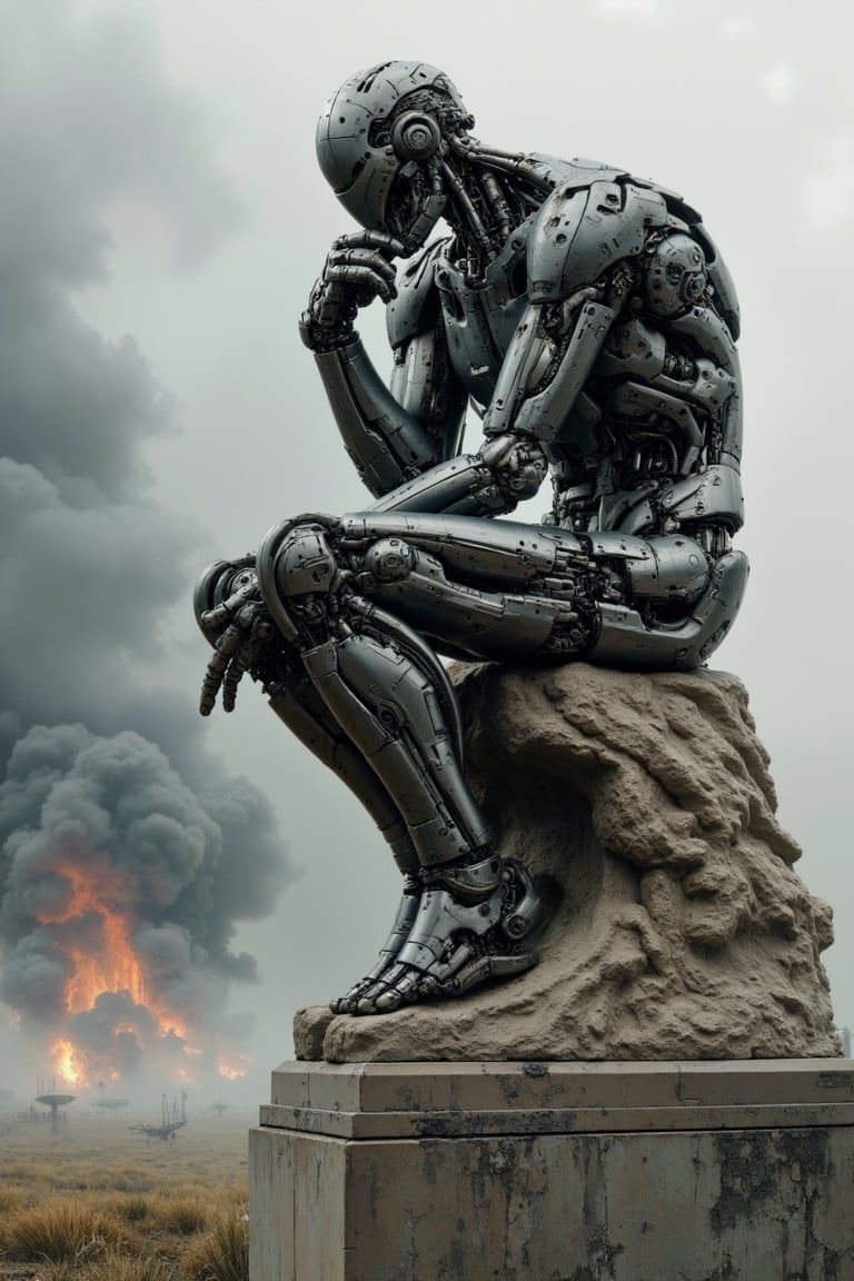 best quality, masterpiece, Insanely detailed image of a giant humanoid robot sitting on the edge of a stone pedestal posed like "The Thinker" by Rodin, detailed robotic arms and legs, detailed joints, gun at the ready, detailed joints, dynamic pose and lighting, actively fighting in an intense battle,ARob,cyborg,metal