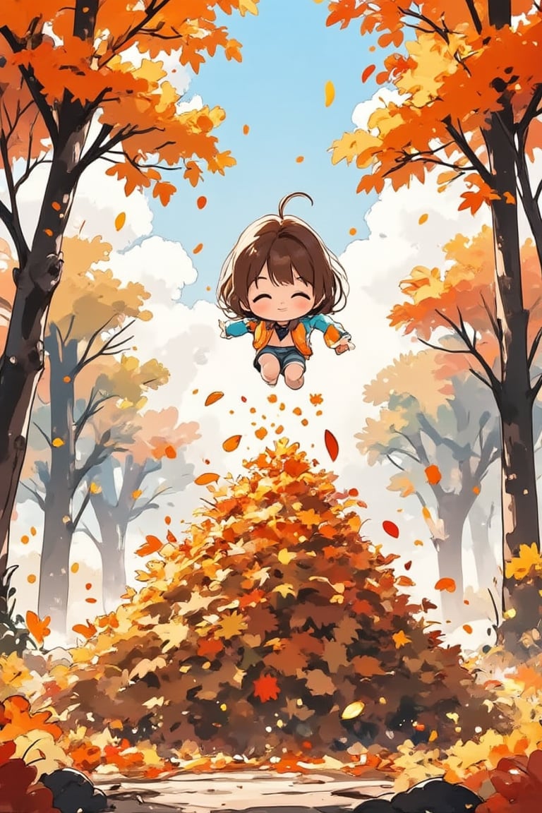 1girl, cute, anime, chibi, dynamic pose, diving(doing a cannonball) into a very tall, large pile of leaves in the middle of autumn, backdrop of a sunny autumn day