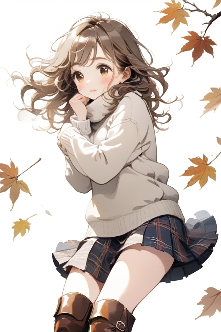 Simple background, Japanese pattern background, A cute  girl in a wool sweater and tartan skirt, leather boots, hugging herself against a chilly breeze in Autumn