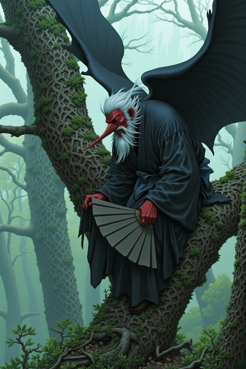 Tengu,traditional japanese yokai
,yokai in misty mountain forest, long-nosed mask, fierce red face,stick like long nose, white hair and beard, wearing traditional yamabushi attire, large black wings, holding big fan, perched on ancient gnarled tree, surrounded by towering cedar trees,