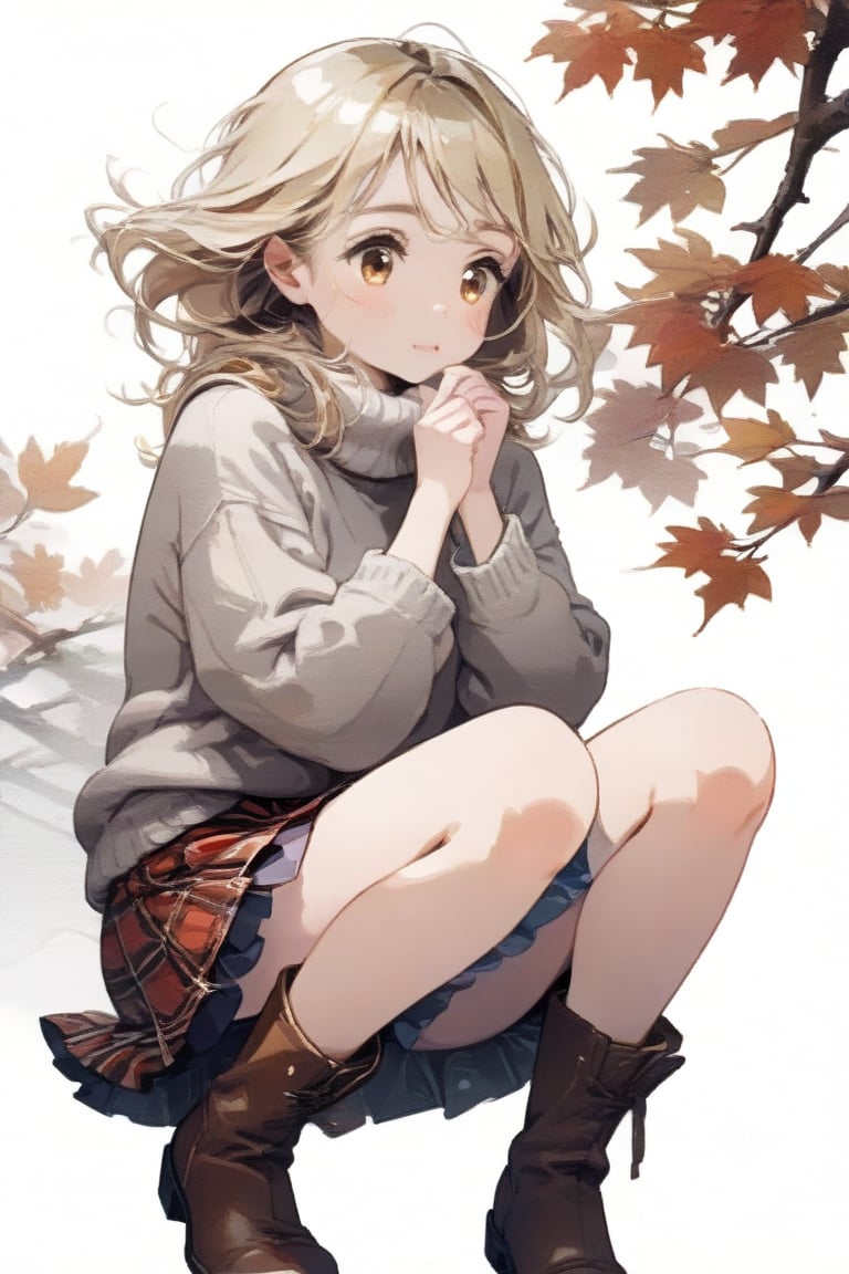 Simple background, Japanese pattern background, A cute blonde girl in a wool sweater and tartan skirt, leather boots, warming herself against a chilly breeze in Autumn