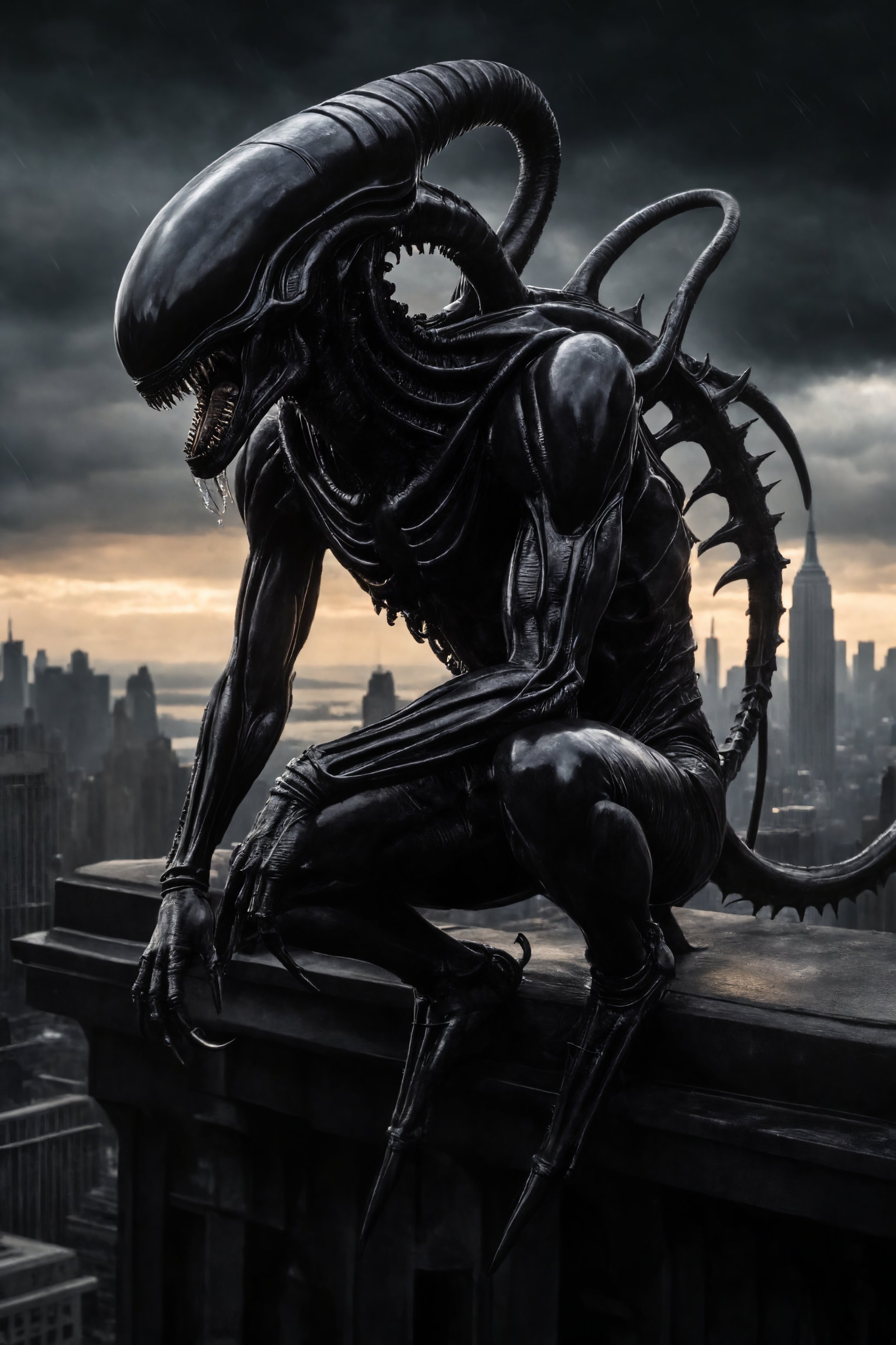 In a masterclass blend of dark fantasy and architectural grandeur, an Alien Xenomorph crouches precariously on the edge of a waterspout atop the iconic Empire State Building. The moody, H.R. Giger-inspired atmosphere is heightened by the approaching thunderstorm, with dynamic lighting casting deep shadows that seem to writhe like living tendrils. The Xenomorph's eyes gleam malevolently as it surveys the city below, poised to strike at any moment.