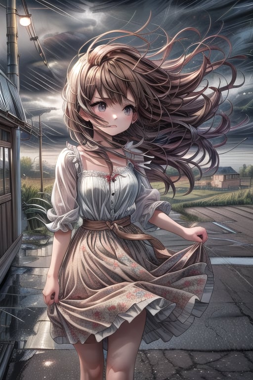 score_9, score_8_up, masterpiece, detailed image of 1girl(long brown hair blown in the wind, cute, look of concern on her face, looking away from the viewer towards the dark clouds, wearing a light-colored sundress that is blowing in the wind) standing on the porch of an old house, (looking away from the viewer), watching an approaching thunderstorm. Dark clouds, ominous atmosphere, windy, highly detailed. Background is a stormy countryside, rural environment, rustic feeling. focus on the girl, close up on the girl