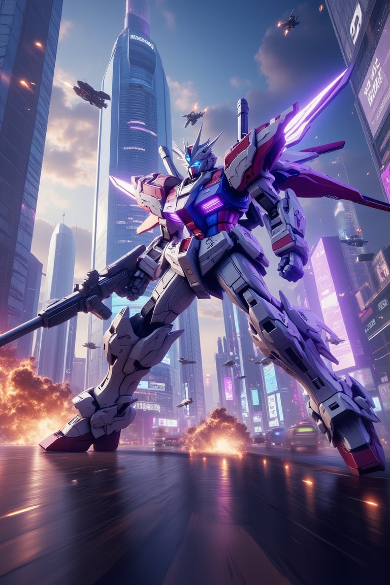 A dynamic close-up shot of a gundam warrior in action, his metallic body glistening under neon lights, clashing with enemies on the busy streets of a futuristic city. Exploding vehicles and fire create a chaotic scene. The backdrop features towering skyscrapers with holographic advertisements and flying vehicles whizzing by. The warrior's pose is aggressive, with his glowing energy weapon activated and wings of light emanating from the backpack on his back. The scene is lit with a combination of artificial and natural lighting, creating dramatic shadows.