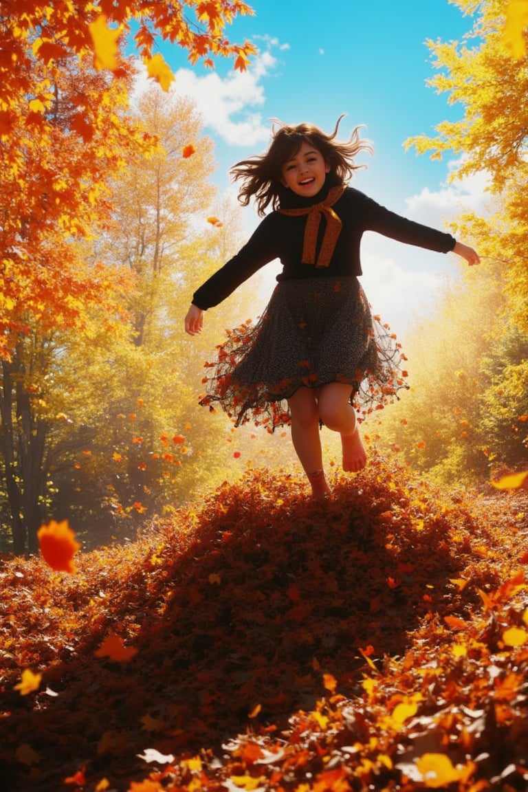 score_9, score_up, 1girl(cute, anime, fall clothes, dynamic pose) doing a cannonball into a very tall, large pile of leaves on the ground, in the middle of autumn, backdrop of a sunny autumn day,Anime style,Maeve-Anime