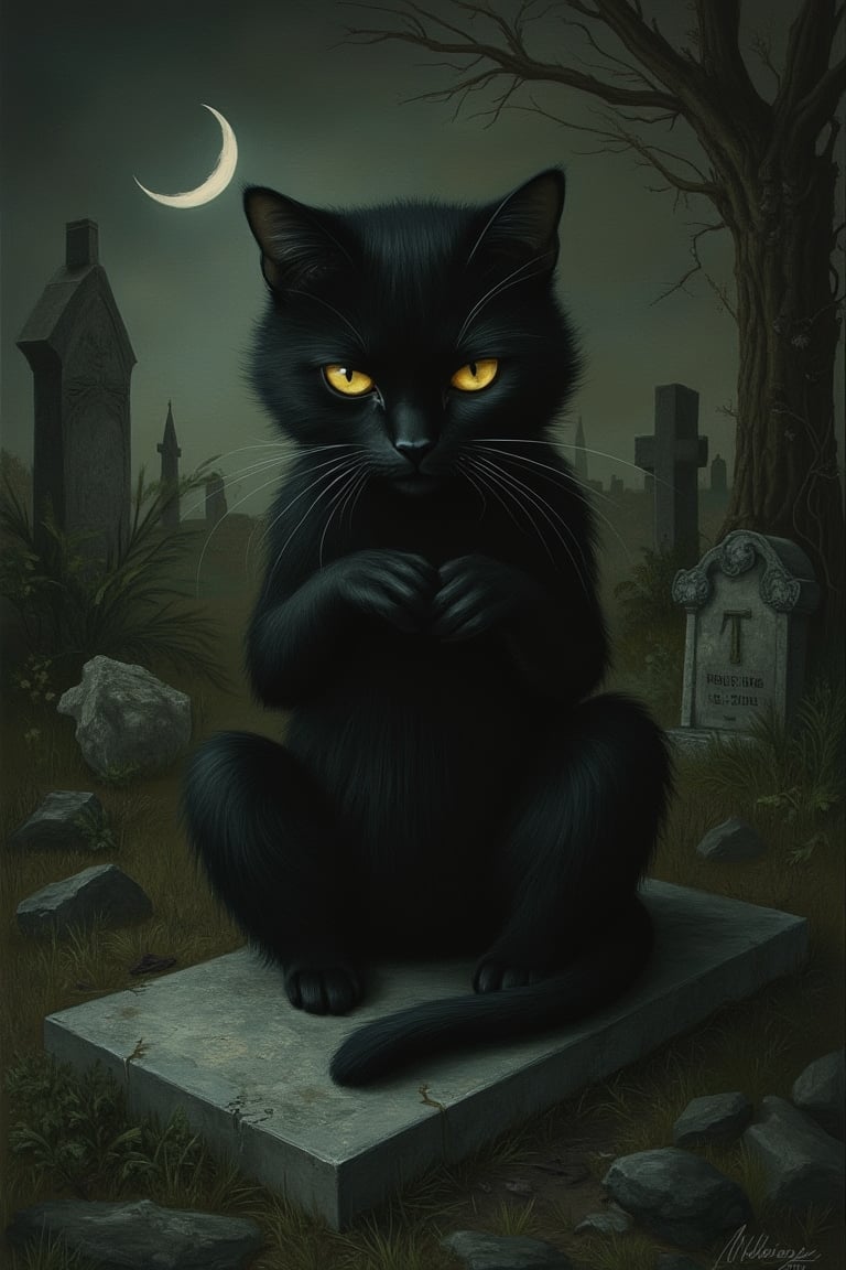  Score_9, score_8_up, Masterpiece, inspired by Nicoletta Ceccoli and Daria Petrilli, of a black cat sitting on a gravestone, ((grooming itself, cleaning its paws)). It has bright yellow eyes. The background is an eerie cemetary in the dead of night, overgrown with vegetation. A crescent moon rises in the background.