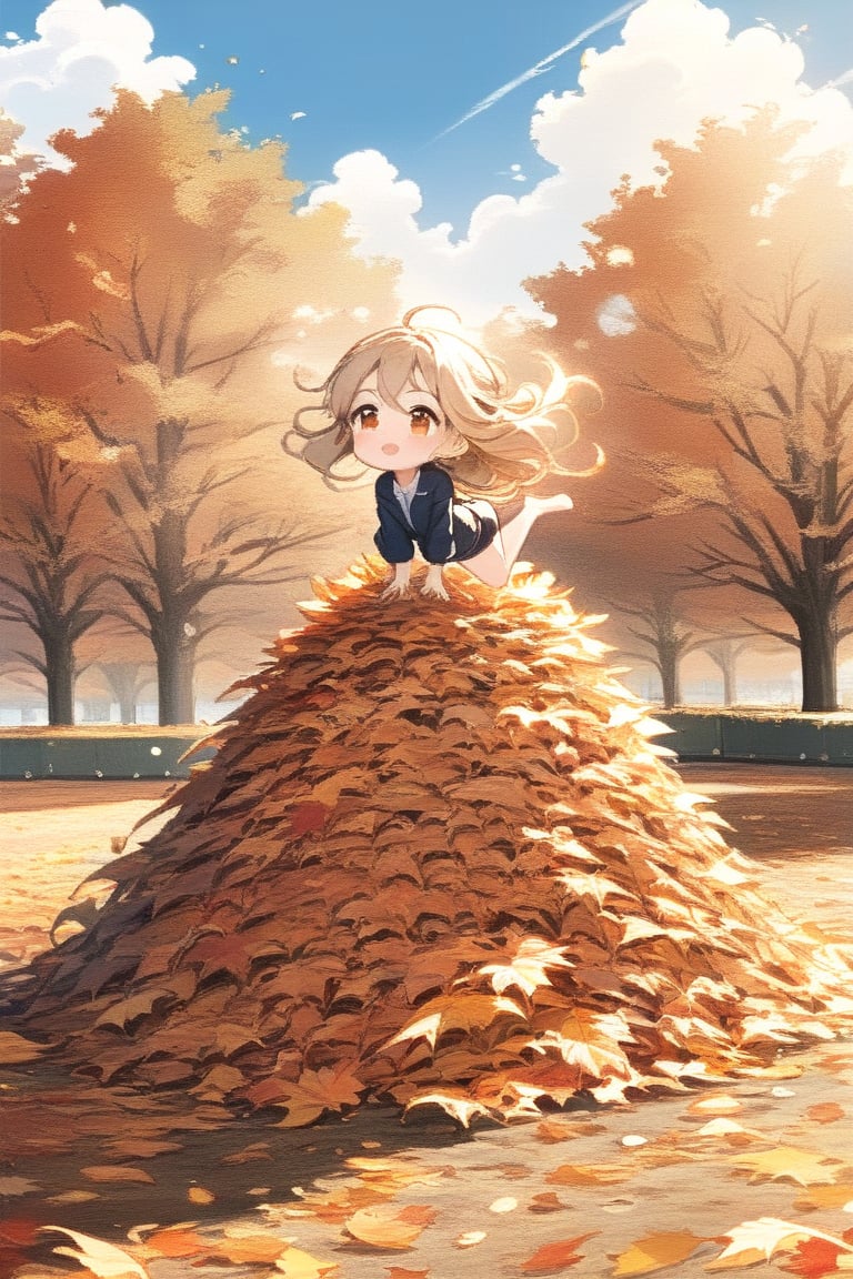 1girl, cute, anime, chibi, dynamic pose, diving(doing a cannonball) into a very tall, large pile of leaves in the middle of autumn, backdrop of a sunny autumn day