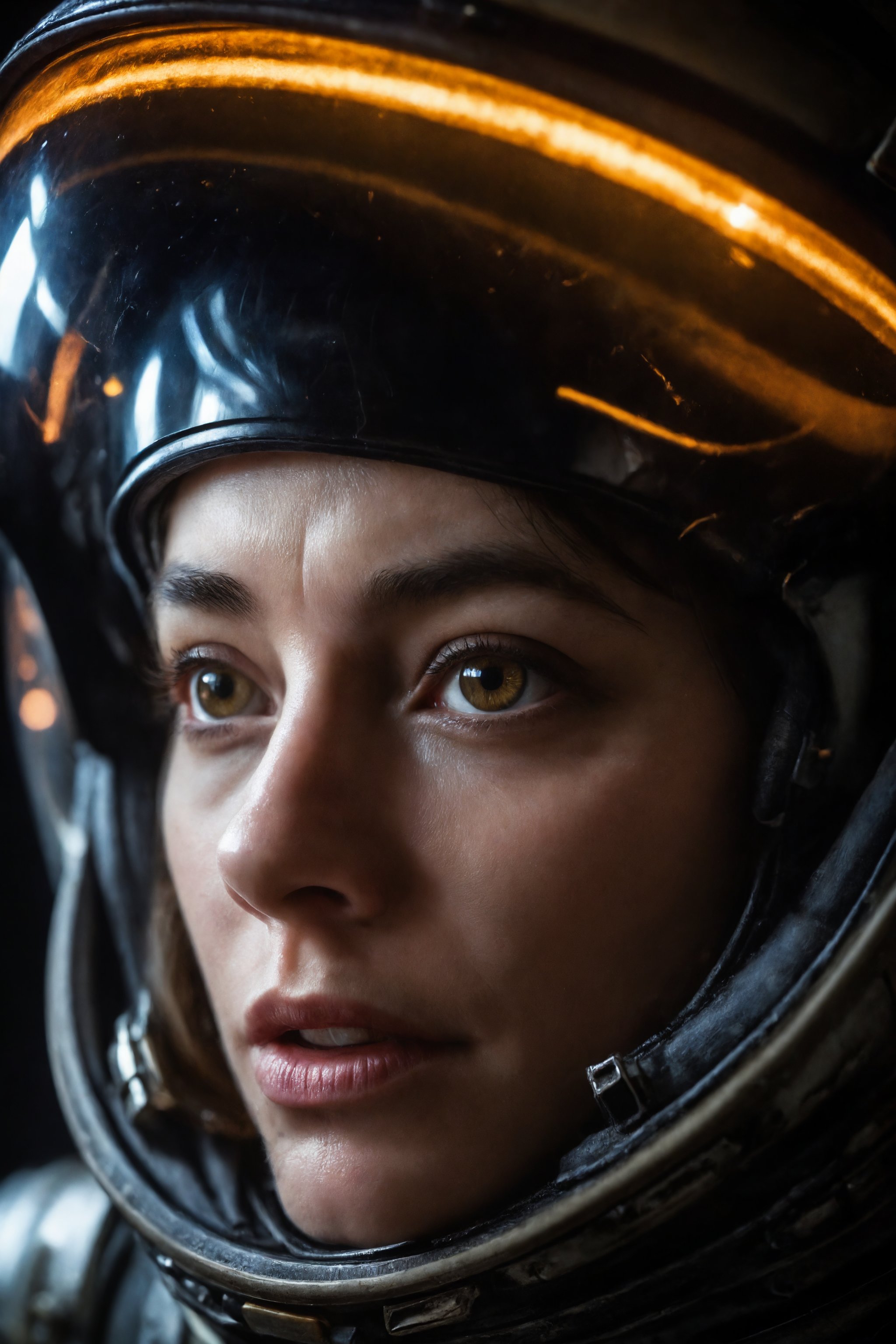 Astronaut's Fearsome Confrontation: A close-up shot of a terrified female astronaut (scared expression 1.3), helmet and visor down, her amber eyes riveted on the approaching Alien Xenomorph reflected in her visor. ((on her visor is the reflection of a menacing xenomorph)). The spacecraft's dark, claustrophobic atmosphere is illuminated by dynamic lighting, casting eerie shadows that seem to writhe like tendrils.