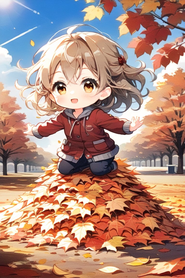 score_9, score_up, 1girl(cute, anime, chibi, fall clothes, dynamic pose) doing a cannonball into a very tall, large pile of leaves on the ground, in the middle of autumn, backdrop of a sunny autumn day