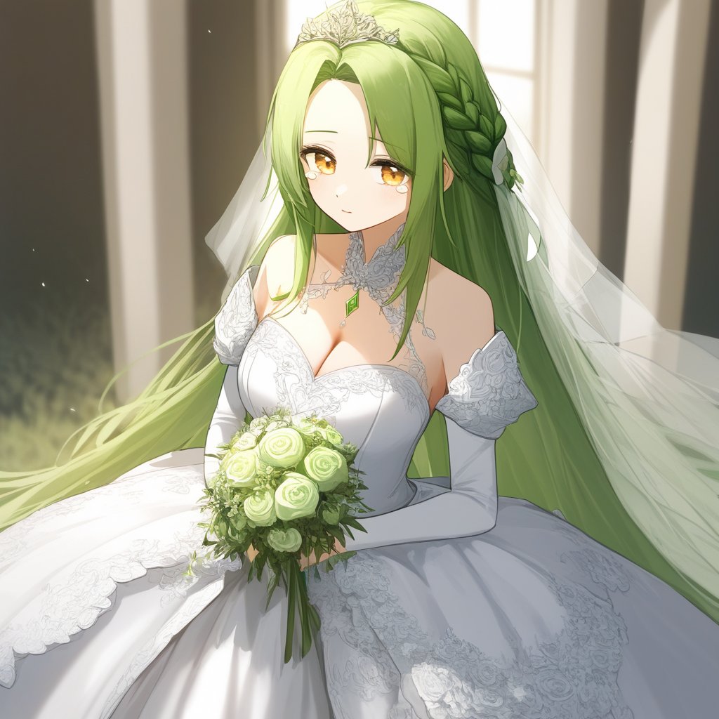 beautiful Princess of 18 , big Yellow eyes, long Green hair, hair combed in a braid, Fantasy wedding dress with deep neckline, big chest
innocent and melancholic look, tearfull eyes