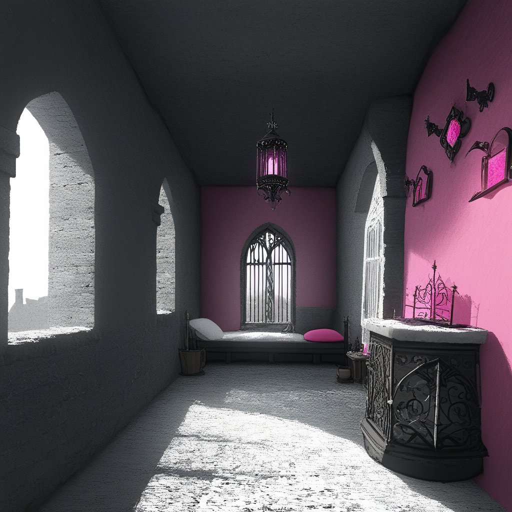 a Medieval princess room in a tower with a chimenea and a balcony, color pink, black and white