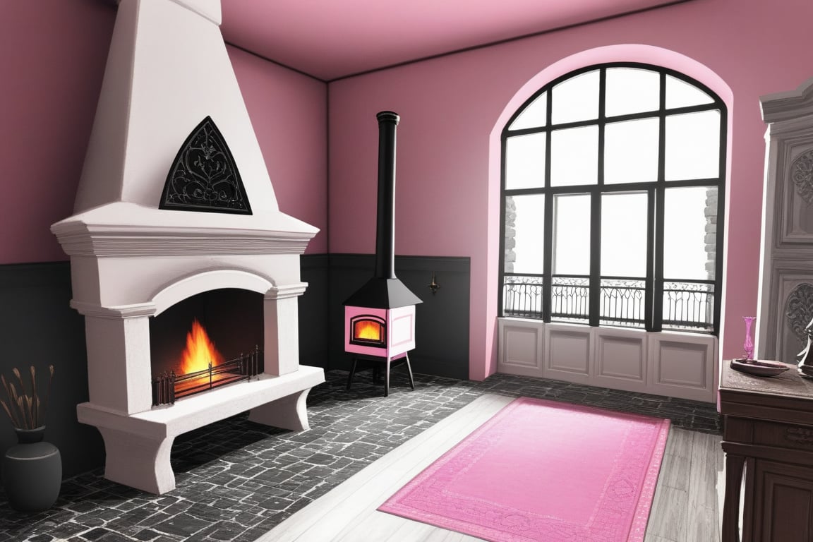 a Medieval princess room in a tower with a chimenea and a balcony, color pink, black and white