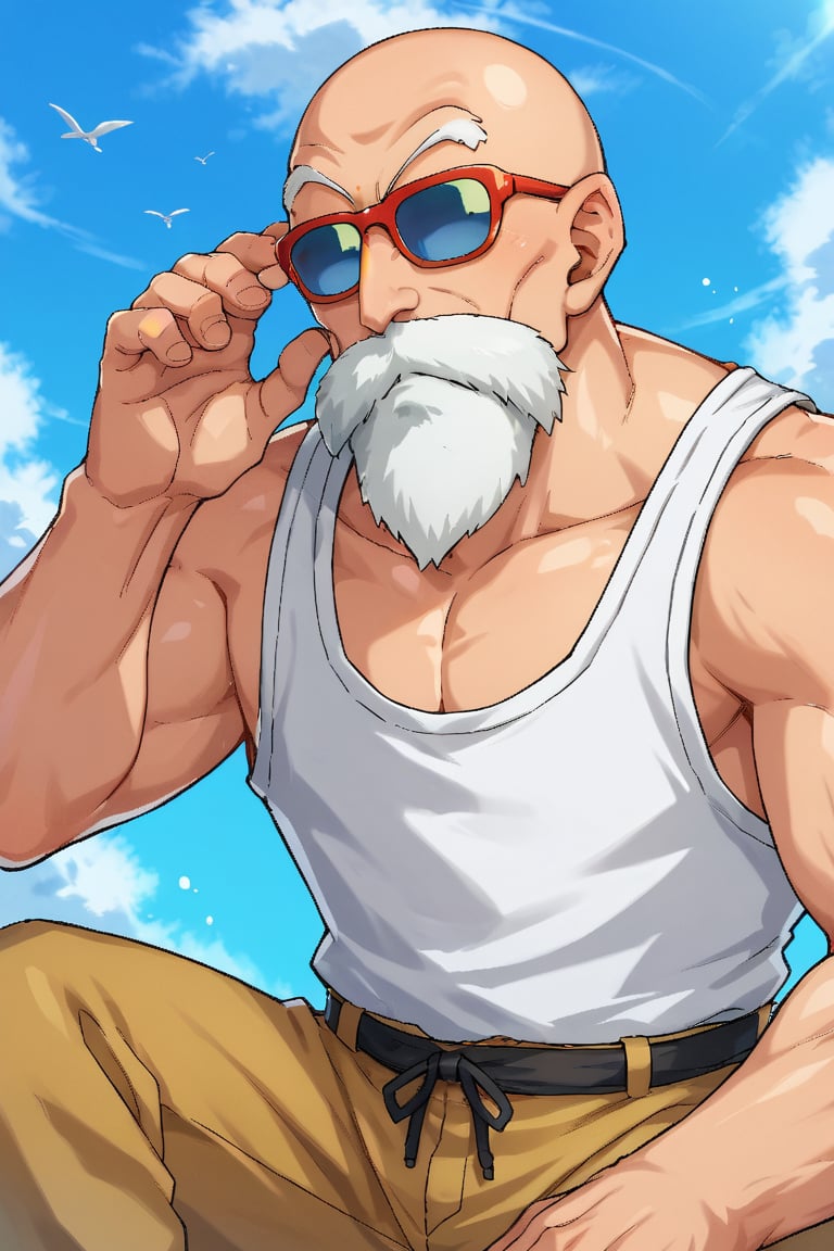 score_9, score_8_up, score_7_up,roshixl, solo, 1boy,  male focus,  sunglasses, blue sky, white tanktop, bald, 