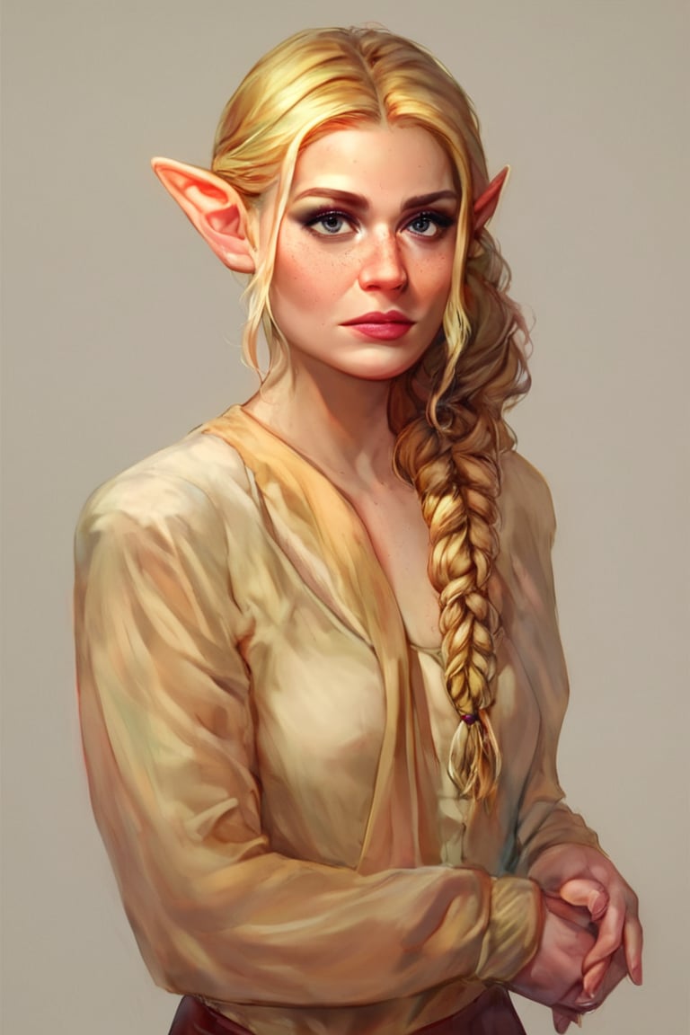 score_9, score_8_up, score_7_up, score_6_up, justin_sweet_style illustration, Beautiful high elf woman, (blonde hair), (elf ears:1.2), (curly braid), (very pale skin:1.3), (emma stone:0.8), (margot robbie:0.8), (eyeliner:1.0), (freckles:0.8)