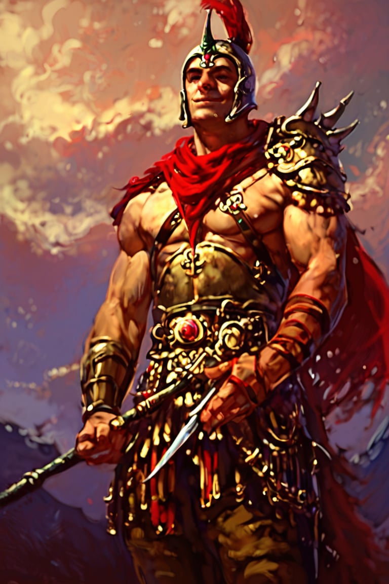 score_9, score_8_up, score_7_up, justin_sweet_style illustration of a low-angle perspective, a vibrant painting of a warrior, adorned with a helmet and a red scarf. The warrior's armor is adorned with silver and gold accents, including a helmet, a necklace, and a belt with a circular pendant hanging from it. The man's body is muscular, with no shirt on. His left arm is raised, while his right arm is bent at the elbow. His right hand is resting on his hip, adding a touch of balance to the scene. The background is a mix of white and blue, creating a stark contrast to the warrior's outfit.