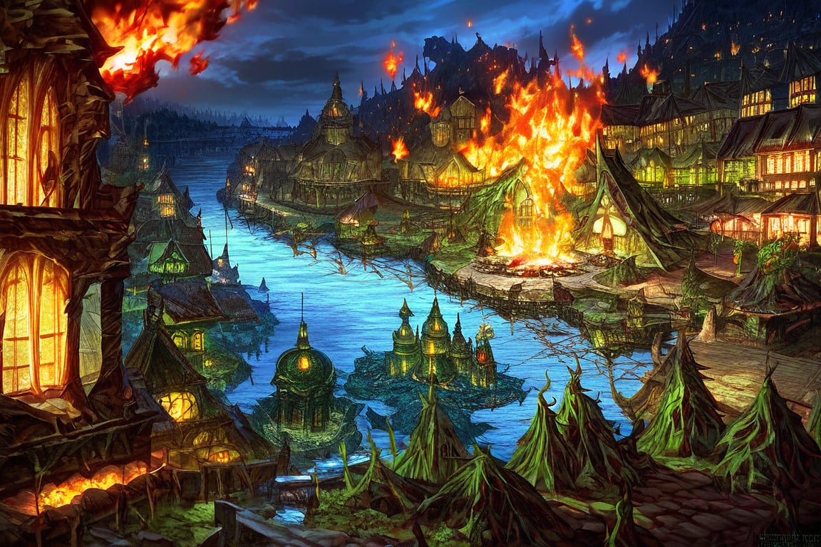 score_9, score_8_up, score_7_up, justin_sweet_style illustration night, scenery, river, multiple boys, (greenmonster:1.3), fire, village burning, buildings, outdoors, water, realistic,