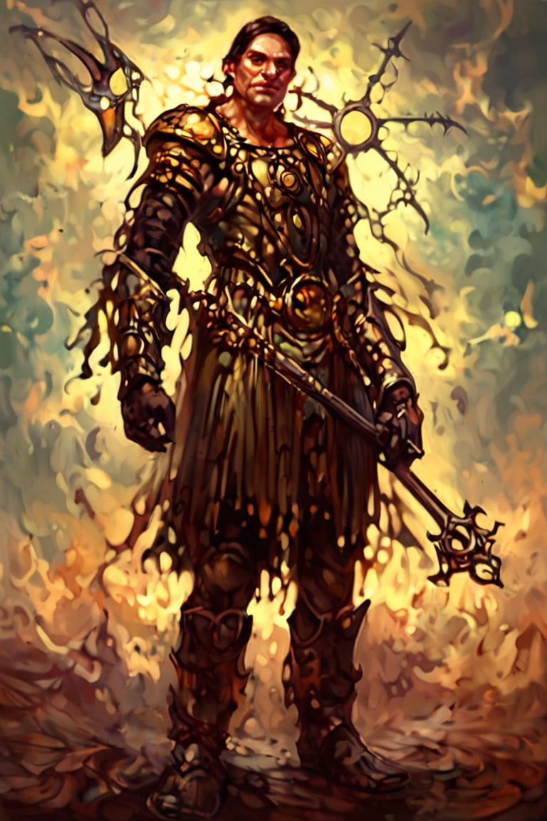 score_9, score_8_up, score_7_up, score_6_up, justin_sweet_style illustration, A heroic D&D cleric standing in a majestic pose. Armored cleric, wielding a holy symbol or staff, glowing with divine energy, noble and courageous, intricate armor with religious motifs, calm and resolute expression, high fantasy