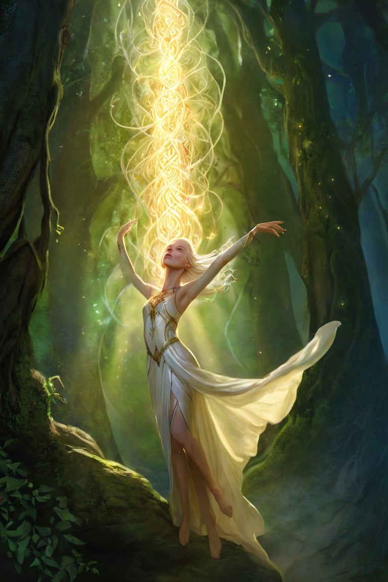 score_9, score_8_up, score_7_up, justin_sweet_style illustration, An ethereal depiction of a lady elf, her delicate, slender figure brimming with poise and strength, resplendent under the radiant glow of her pale luminous skin, silken strands of hair cascading down her back, encapsulating her otherworldly grace, high cheekbones, alluring almond eyes shimmering with intelligence, smile radiant, a dress adorned with elven patterns, finely chiseled.