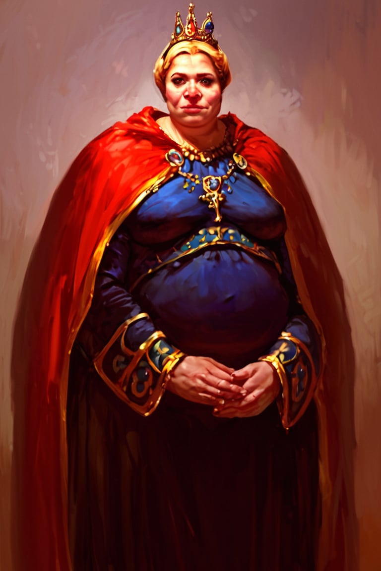 score_9, score_8_up, score_7_up, justin_sweet_style illustration of 1girl, very ugly, cleric, solo, obese physique, crown, tiara, blue breastplate, black skirt, red cape, short blonde hair, realistic