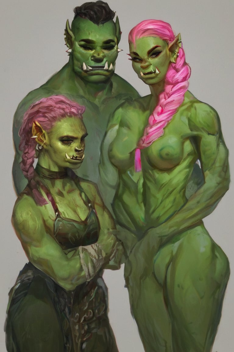 score_9, score_8_up, score_7_up, score_6_up, justin_sweet_style illustration,  orc woman, (pink hair), (orc ears:1.2), (curly braid),  (olive green skin:1.3), (Zendaya:0.8), (Beyonce:0.8), (eyeliner:1.0),