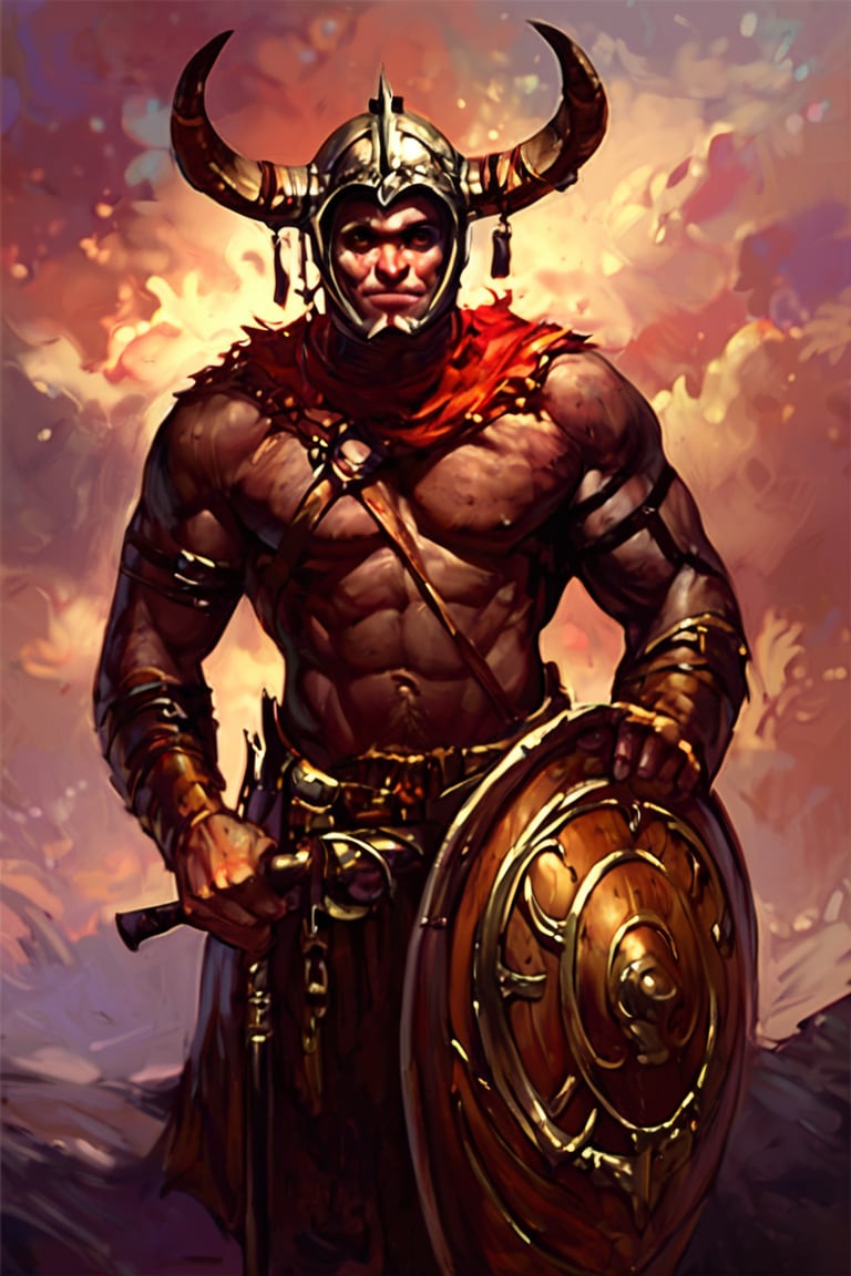 score_9, score_8_up, score_7_up, justin_sweet_style illustration of 1boy, solo, muscular, Helmet, horns, hammer and shield, no amor, dark fantasy, realistic,