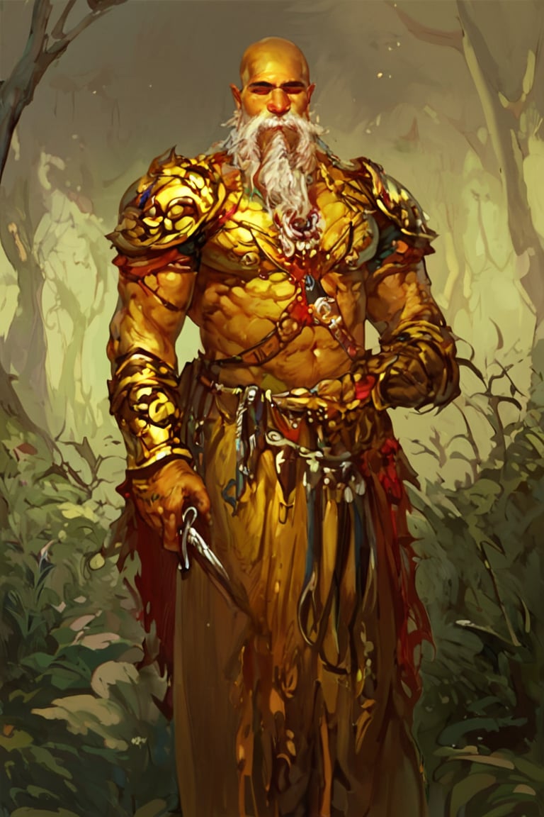 score_9, score_8_up, score_7_up, illustration of 1boy, justin_sweet_style, solo, male focus, holding sword,long beard, golden armor, bald, painted skin, dark fantasy background, nature