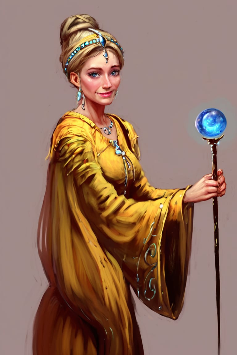 score_9, score_8_up, score_7_up, score_6_up, justin_sweet_style, a powerfull elven female mage holding a staff, with a Shinning blue orb iradiating energy on the tip of the staff, wearing a golden robe adorned with elven patterns, finely chiseled, pale luminous skin, silken strands of hair cascading down her back ,high cheekbones, alluring almond eyes shimmering with intelligence, smile radian, 8k , cinematic shot, dynamic lighting, 75mm, Technicolor, Panavision, cinemascope, sharp focus, fine details, 8k, HDR, realism, realistic, key visual, film still, cinematic color grading, depth of field