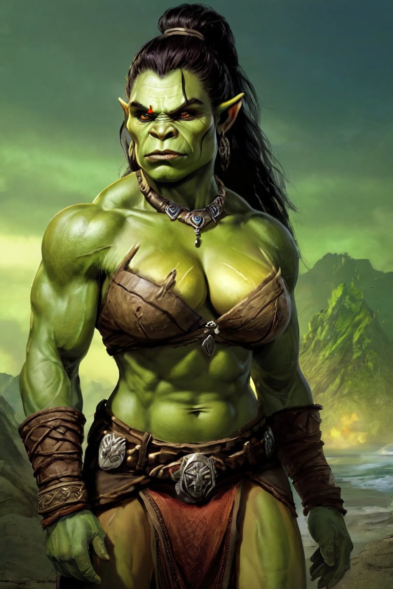 score_9, score_8_up, score_7_up, score_6_up,  a female orc with a strong, curvaceous physique, her muscles defined yet softened by her feminine form. Her skin is a rich, earthy green, smooth and glowing with health. Her long, dark hair cascades in waves down her back, framing her face which is both fierce and alluring. She has high cheekbones, full lips, and striking, almond-shaped eyes that shimmer with intelligence and emotion. Adorned in elegant yet practical attire, perhaps decorated with intricate tribal patterns or adorned with jewelry made from natural materials, she carries herself with a confident grace that belies her strength and warrior spirit. This orc embodies both the power of her heritage and a beauty that transcends conventional norms.