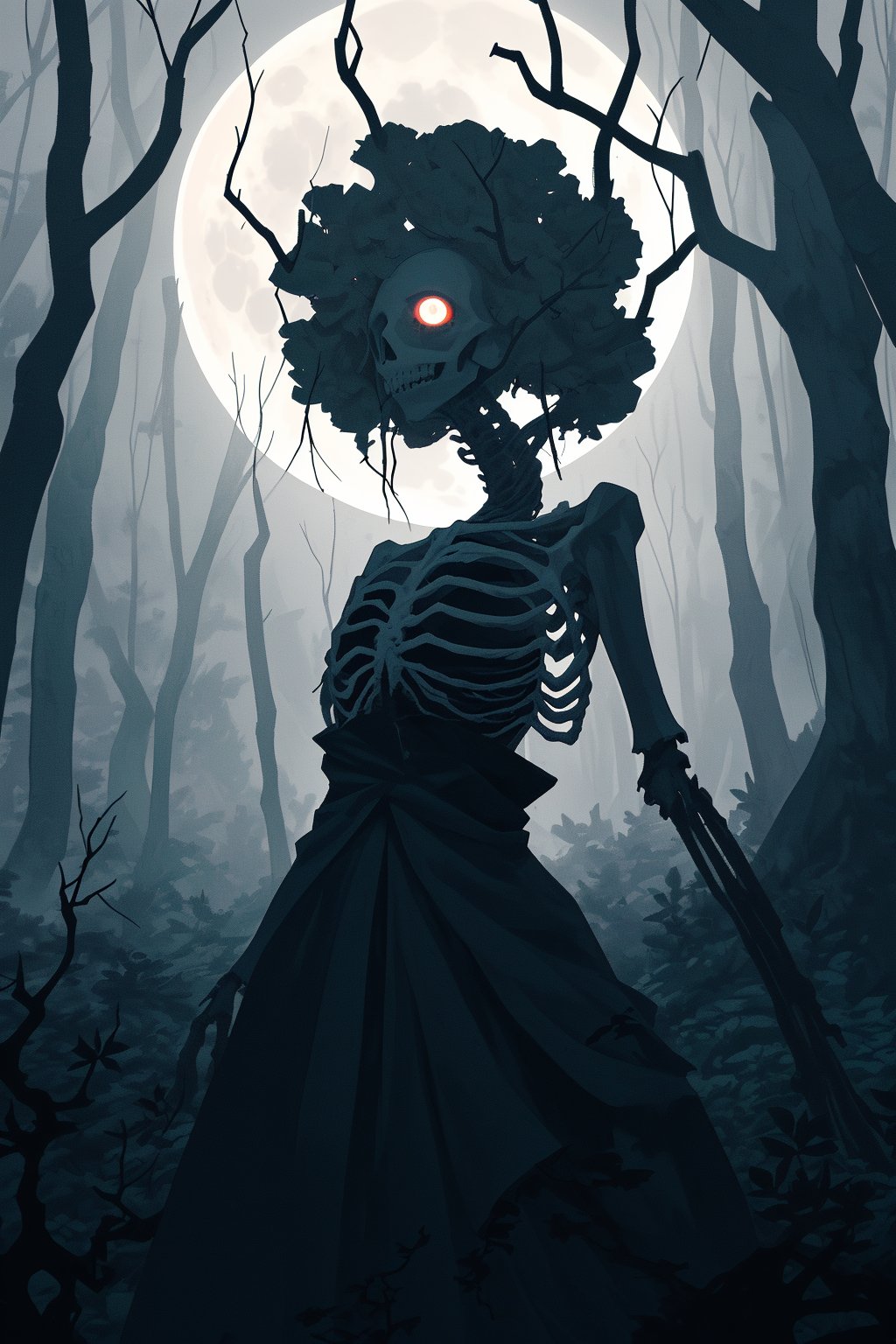 Under the eerie glow of a full moon, a dense forest looms ominously. Gnarled trees cast twisted shadows, their branches resembling skeletal fingers clawing at the sky. The air is thick with an unsettling silence, broken only by the occasional rustle of leaves. In the distance, a dilapidated mansion stands, its windows like dark, hollow eyes staring into the night. The moonlight bathes the scene in a cold, ghostly light, illuminating the creeping mist that clings to the ground. Every detail is shrouded in an atmosphere of dread, as if the forest itself harbors ancient, malevolent secrets waiting to be uncovered.