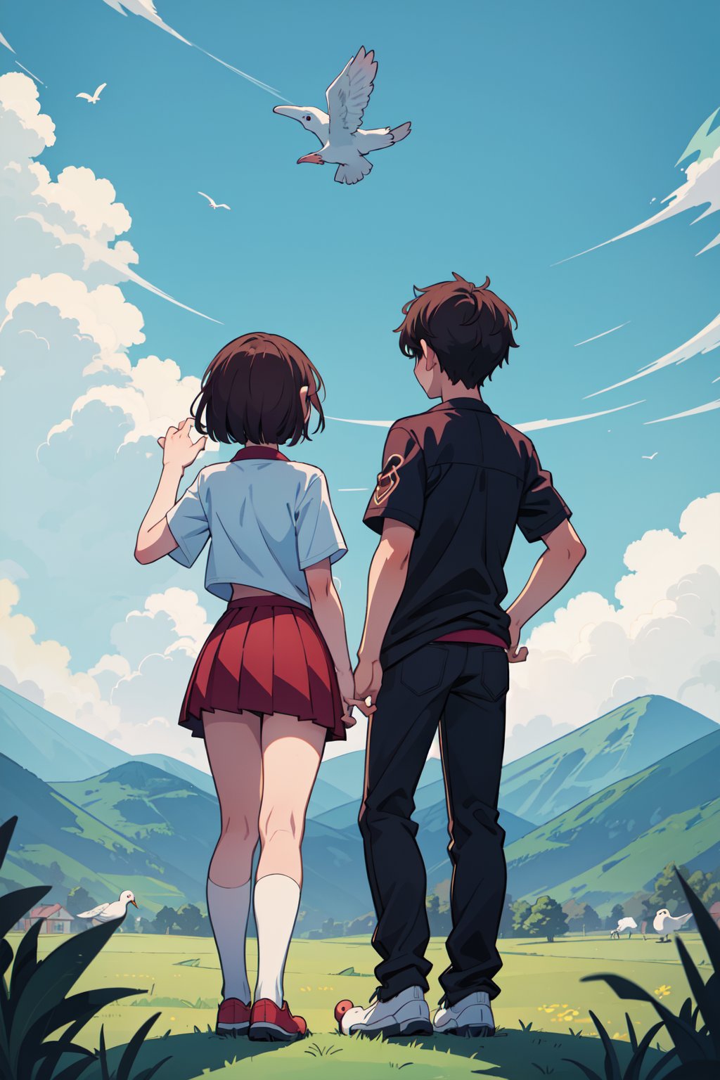 (Masterpiece, best quality:1.5), an image of two teenage youths, a boy and a girl, standing atop a hill. They are gazing at a bright sky where a white bird is flying high above the clouds, illuminated by sunlight. The perspective is from behind the teenagers, capturing them pointing towards the bird in the sky, anime